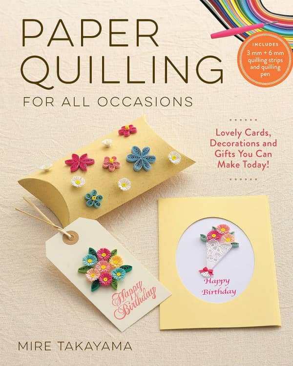 quilling book cover with pillow box, gift tag and card decorated with quilled flowers