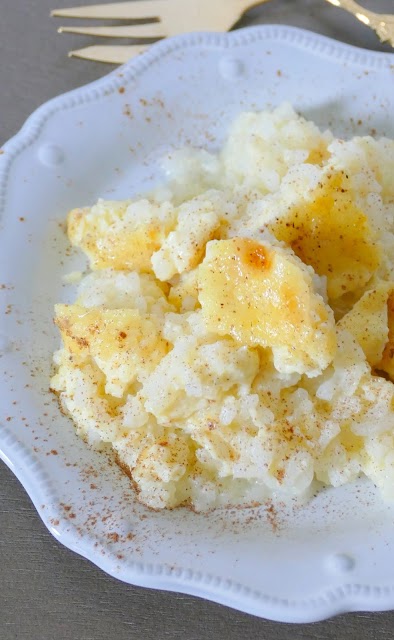 Old Fashioned Rice Pudding with gold fork