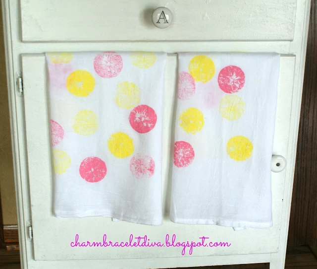 pink and yellow citrus stamped tea towels