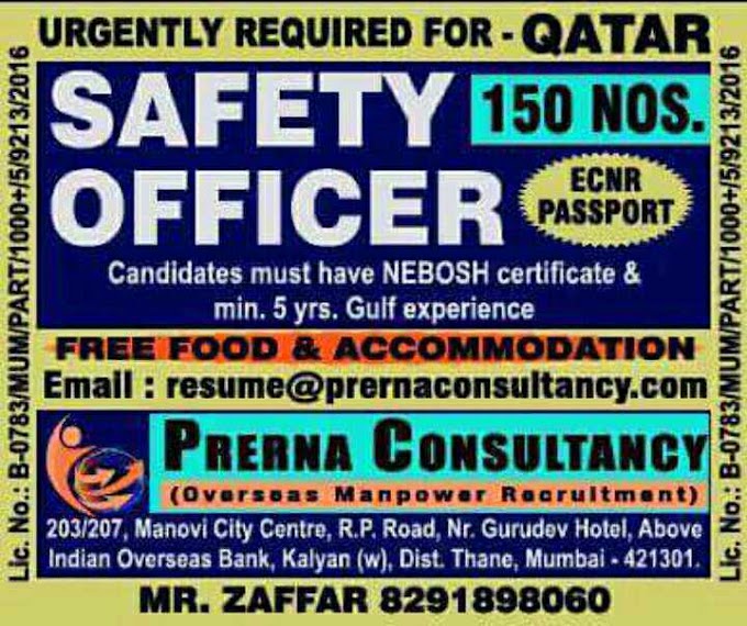 Wanted 150 HSE Officers with Nebosh for Project in QATAR