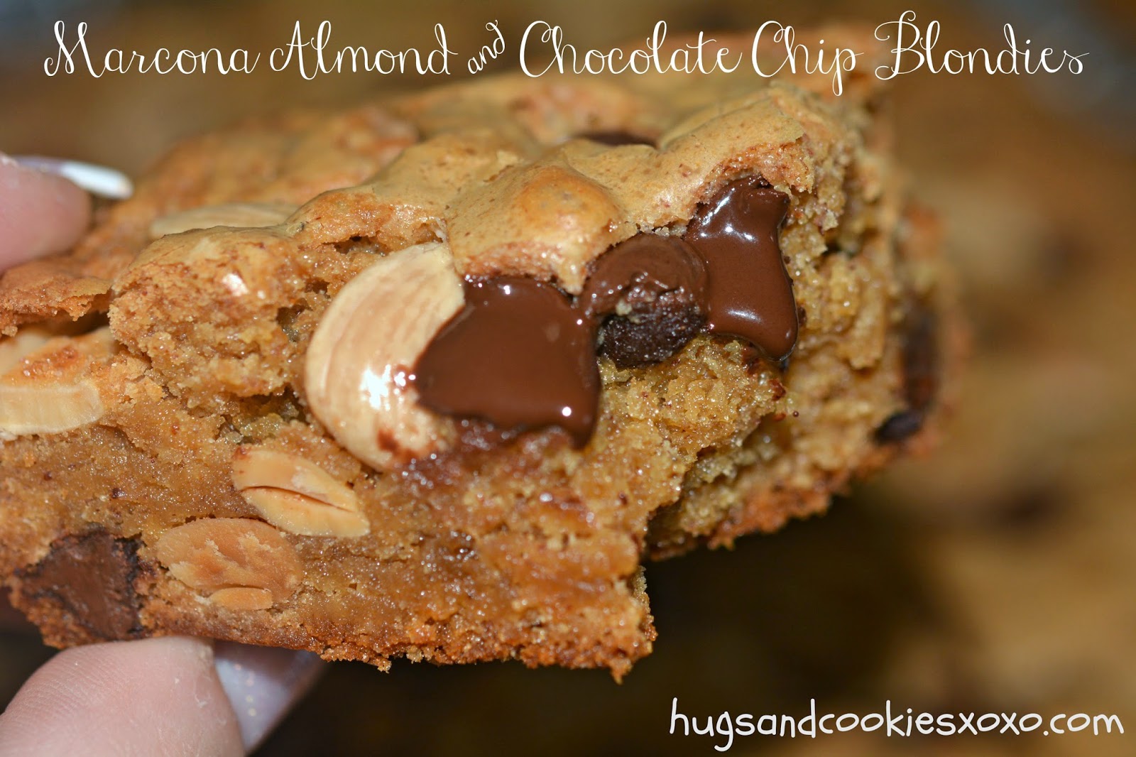 Marcona Almond & Chocolate Chip Blondies Hugs and Cookies XOXO