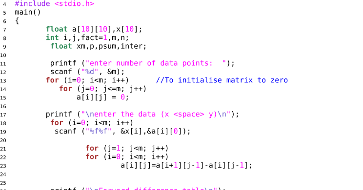 Computational Physics: C code - Newton's forward difference interpolation