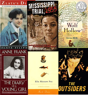6 book covers: Zlata's Diary, Mississippi Trial 1955, Wolf Hollow, The Diary of a Young Girl, Ella Minnow Pea, & The Outsiders