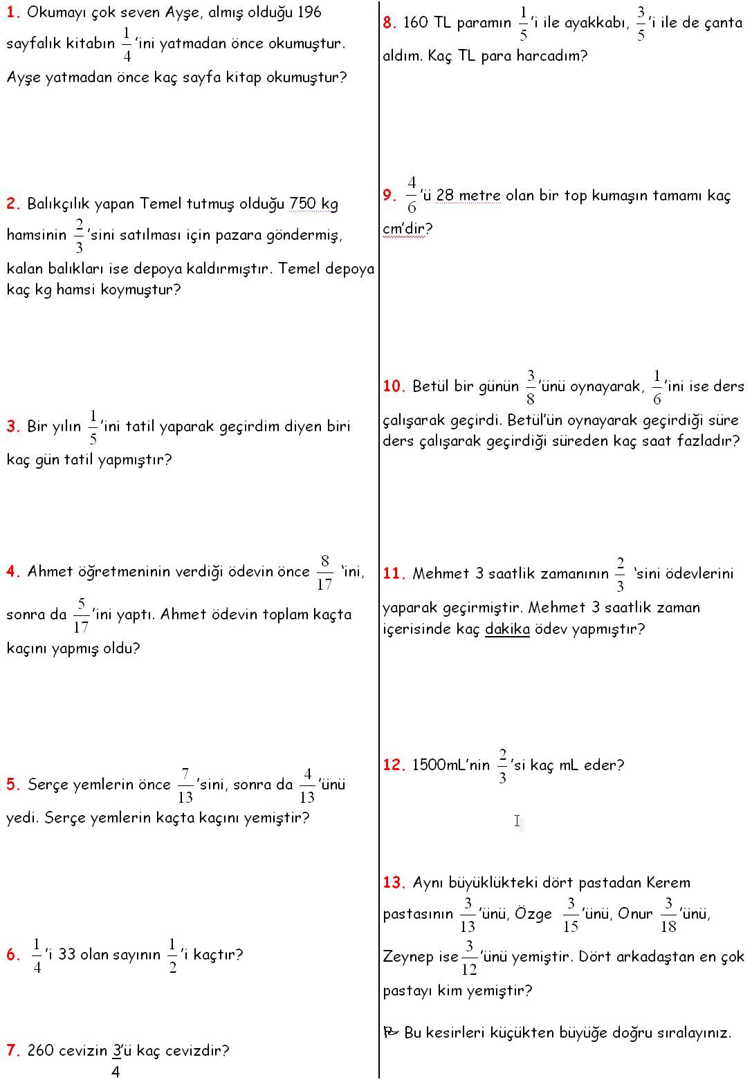odev kalemi 4 sinif matematik dersi kesir problemleri etkinligi matematik 4 kesirler etkinligi