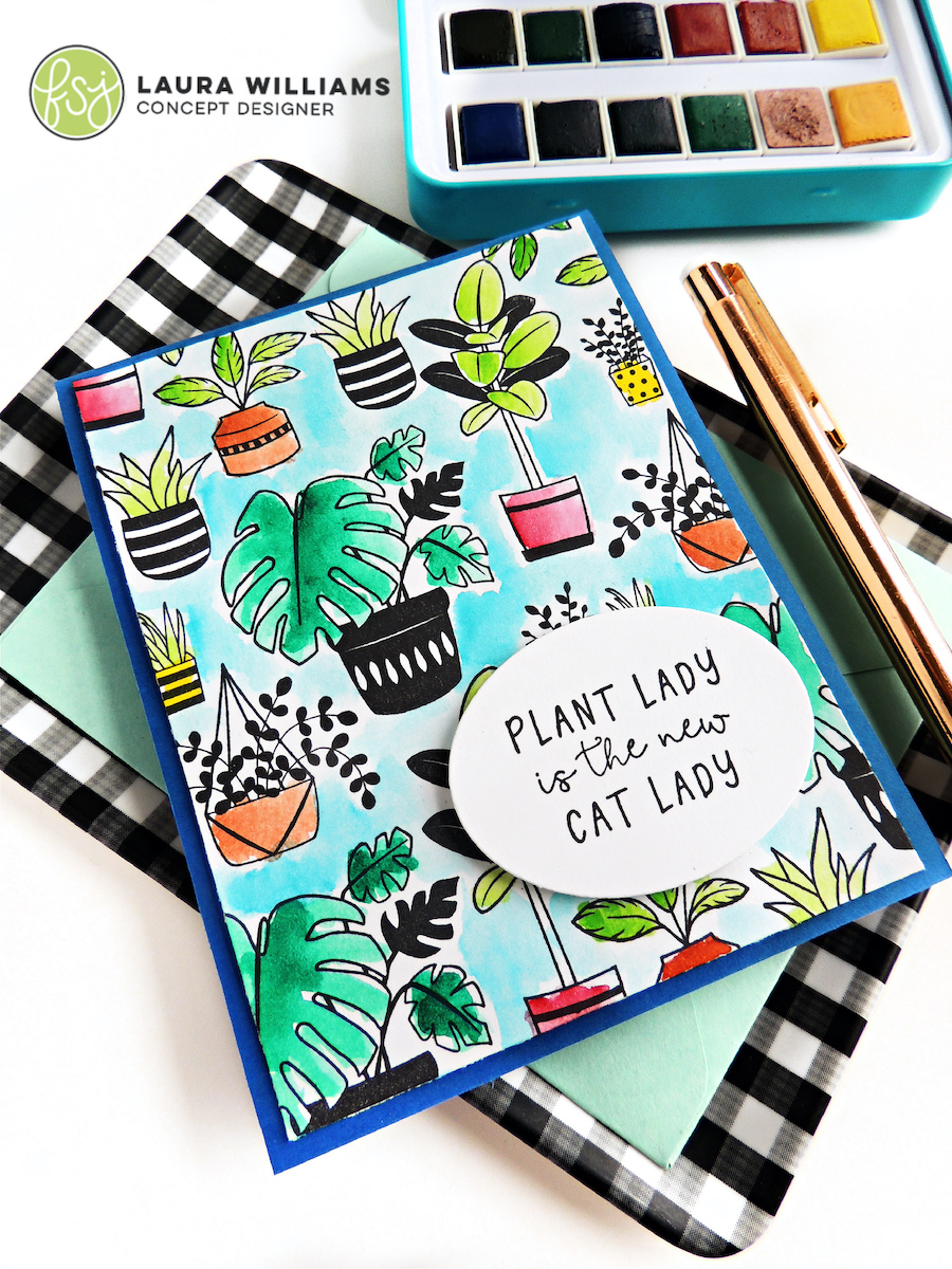 Make a handmade card for the plant lady or cat lady in your life using the Plant Lady stamp set from FSJ + Spellbinders. Click here to see this fun watercolor card featuring lots of plants from the stamp set.