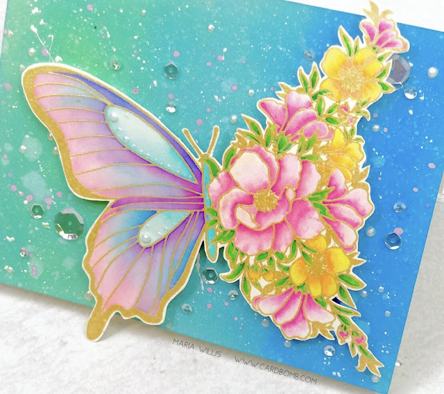 #cardbomb, #mariawillis, The Ton, Simon Says Stamp, #butterfly, #flowers, #watercolor, #tonicstudios, #tonicstudiosusa, #nuvo, #nuvodreamdrops, #distressoxideinks, Ranger Ink, #inkblending, #stamps, #ink, #paper, #cards, #art, #handmade, #handmadecards, #cardmaking, 
