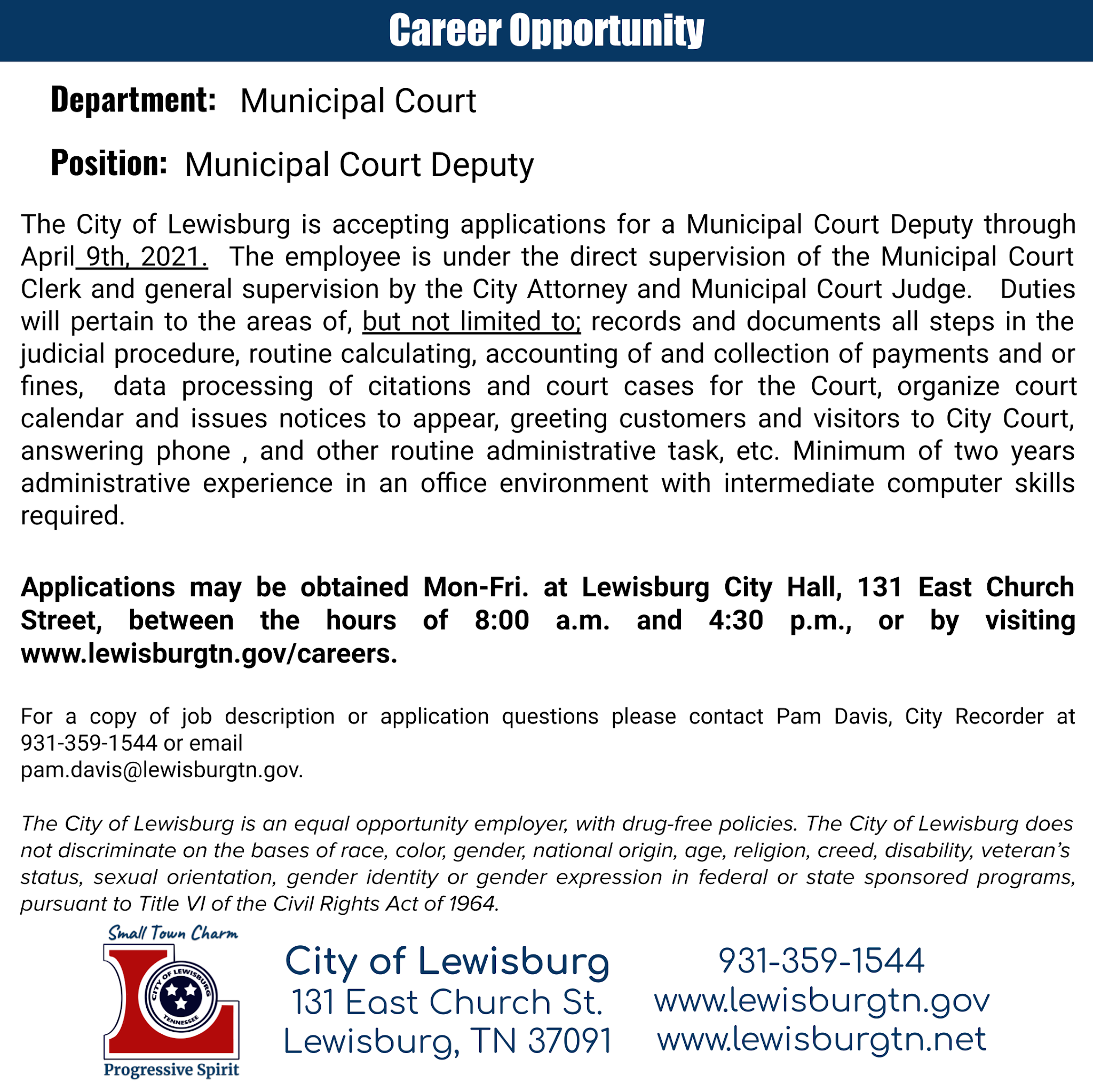 Marshall Job Hub Municipal Court Deputy Wanted at City of Lewisburg