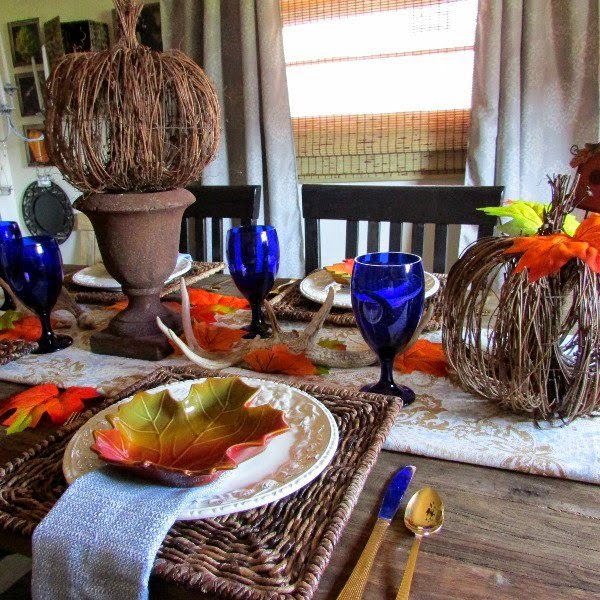 Cobalt Blue and Brown Fall Inspirational Tablescape