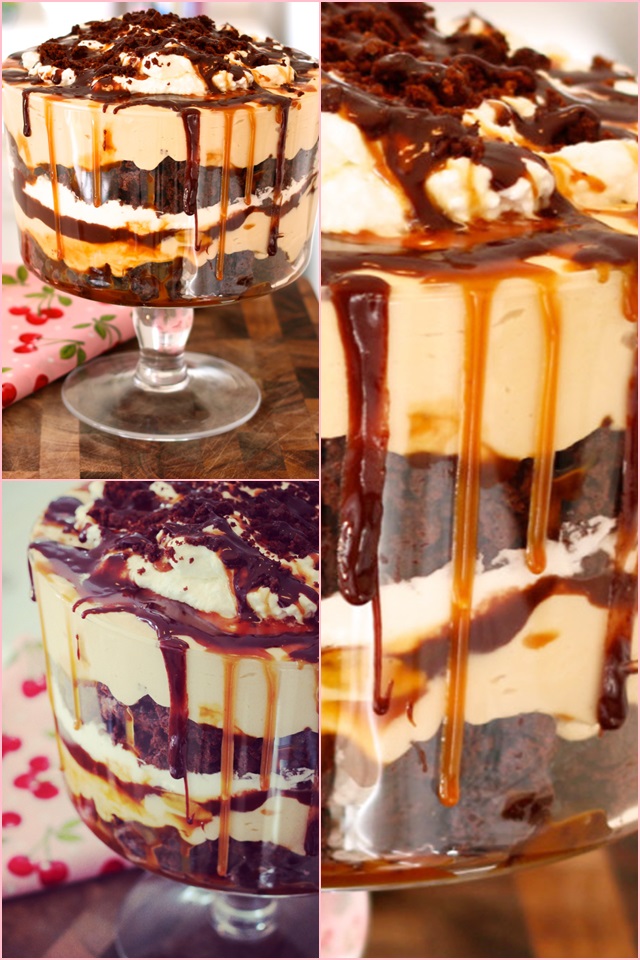 SALTED CARAMEL CHOCOLATE BROWNIE TRIFLE CAKES & CUPCAKE DESSERT RECIPE