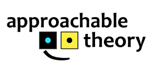 The approachable theory logo, with the text "approachable theory" and an image of two six-sided dice with one pip showing, with a curved line below it to make a smile. The dice are black with cyan for the pip and yellow with black for the pip.