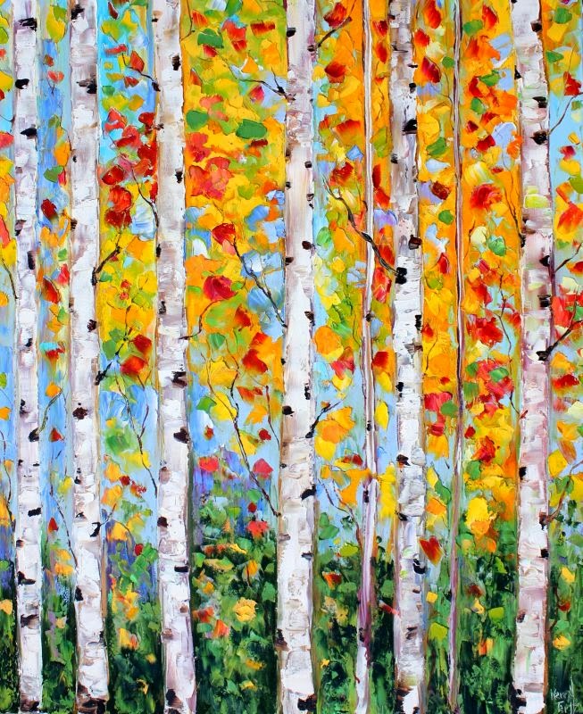 Karen Tarlton Original oil painting Autumn Birch Tree palette knife fine art by Karen Tarlton