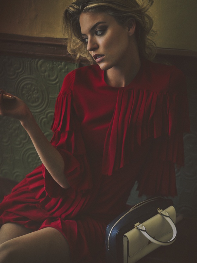 So it goes Fall/Winter 2015, Martha Hunt by Guy Aroch Gucci 2015 AW Red Layered Silk Satin Georgette Plisse Ruffle Dress Editorials