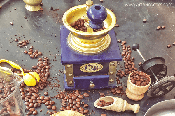 coffee beans sensory play tray with coffee grinder - tuff tray ideas