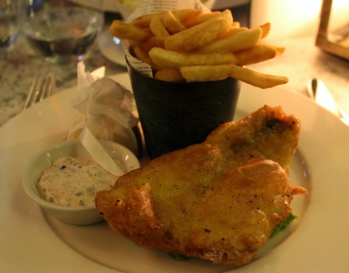 Beer Battered fish and chips with tartar sauce at Dalloway Terrace London