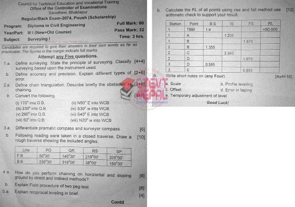 Surveying I - 3rd Semester Question Papers CTEVT | Diploma in Civil ...