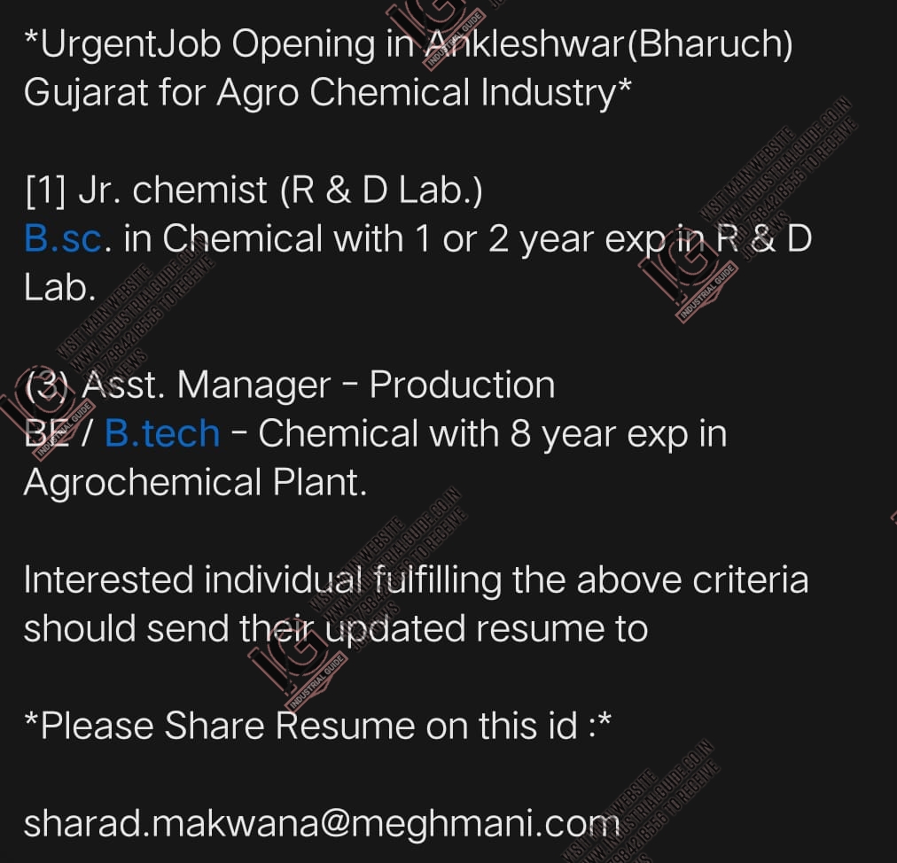 Meghmani Agro Chemical Ankleshwar jobs for Production R&D apply now