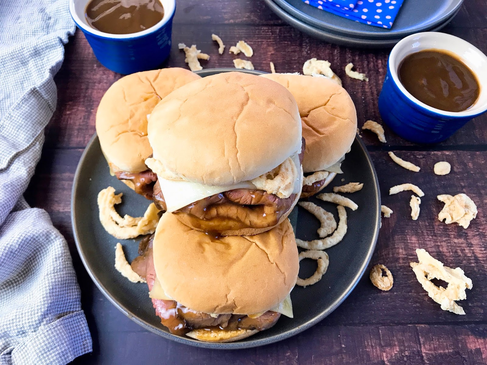 French Dip Sliders with Crispy Onions