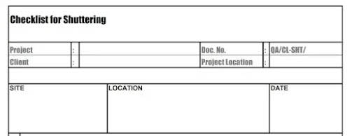 Excel Sheet of Shuttering Work Check List