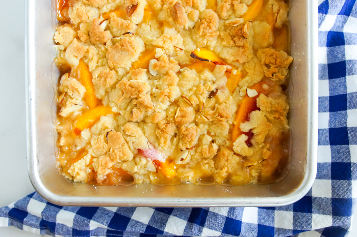 Almond Peach Dump Cake from scratch!