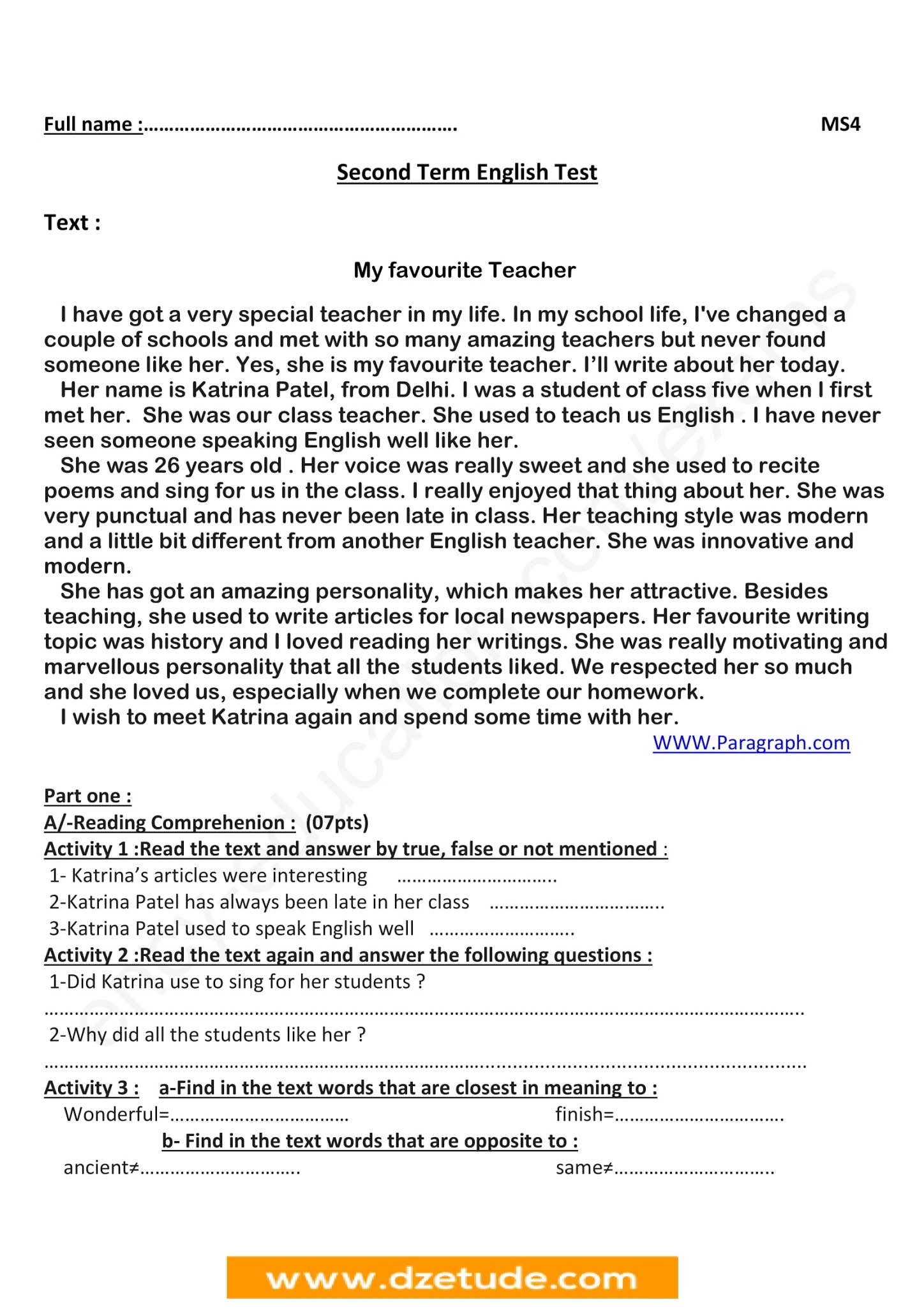 فرض الإنجليزية الفصل الثاني للسنة الرابعة متوسط - الجيل الثاني نموذج 3 فرض الإنجليزية الفصل الثاني للسنة الرابعة متوسط - الجيل الثاني نموذج 3