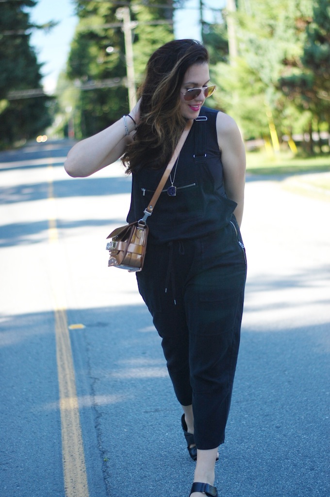 Aritzia Wilfred Free overalls, Aldo birkenstocks, bronze Proenza Schouler PS11 handbag outfit idea from Vancouver style blogger Covet and Acquire.