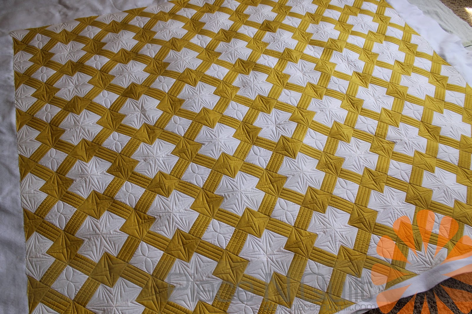 Piece N Quilt Mustard & White Quilt Custom Machine Quilting by