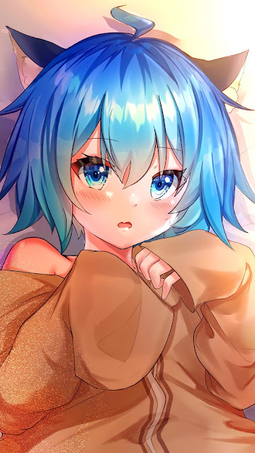 Girl, Neko, ears, blue eyes, short iphone hair and desktop wallpaper.