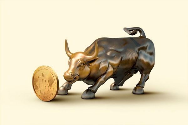 Ilustração touro de Wall Street atrás de uma moeda de bitcoin