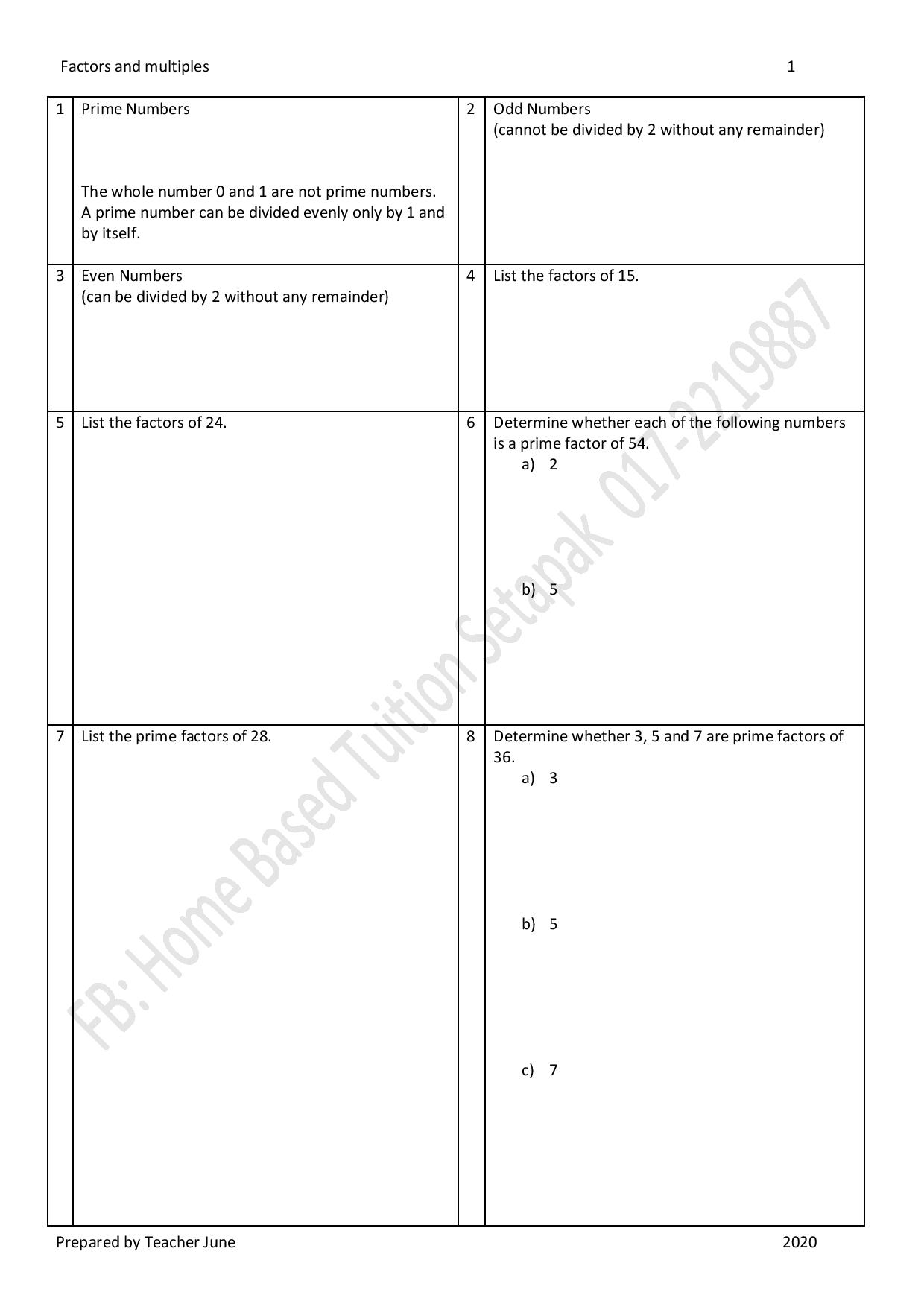 Form 1 Mathematics Factors and Multiples