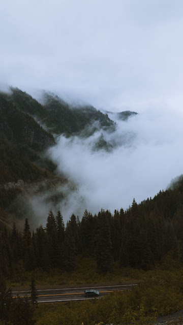 Mountains, pines, trees, fog, road, car, nature Mountains, pines, trees, fog, road, car, nature