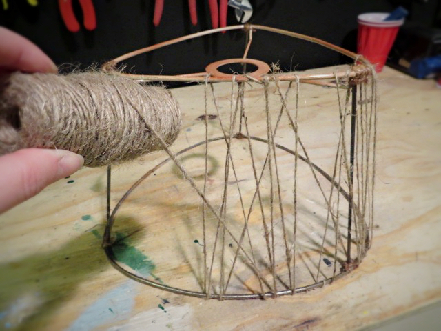 wrapping jute twine around lampshade frame