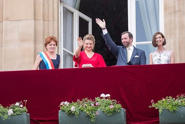 Hereditary Grand Duchess Stephanie visited the Esch. Princess Stephanie wore Paule Ka red dress, Prada pumps, gold earrings