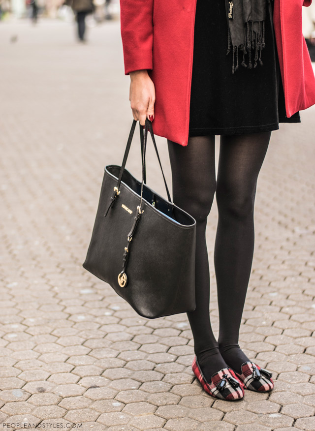 Marija Maretić, red coat, check ballerina flats, Michael Kors black tote, street style Zagreb Croatia