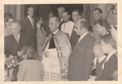 Konrad Adenauer (at left, behind the children) visiting St. Ludwig's Catholic Church in Wilmersdorf, Berlin in July 1954. Pfarrer Greve is pictured along with Josef Jakobs' son, Raymond Jakobs (wearing the dark suit just behind and to the right of Adenauer) (postcard photo from Jakobs family collection) Konrad Adenauer (at left, behind the children) visiting St. Ludwig's Catholic Church in Wilmersdorf, Berlin in July 1954. Pfarrer Greve is pictured along with Josef Jakobs' son, Raymond Jakobs (wearing the dark suit just behind and to the right of Adenauer) (postcard photo from Jakobs family collection)
