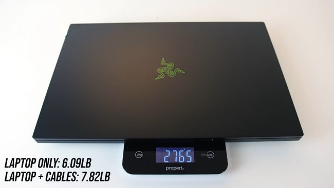 The weight of the Blade Pro 17 laptop was measured using propert weight meter for laptop and for laptop with cables. The results were 6.09lb for laptop only and 7.82lb for laptop with cables.