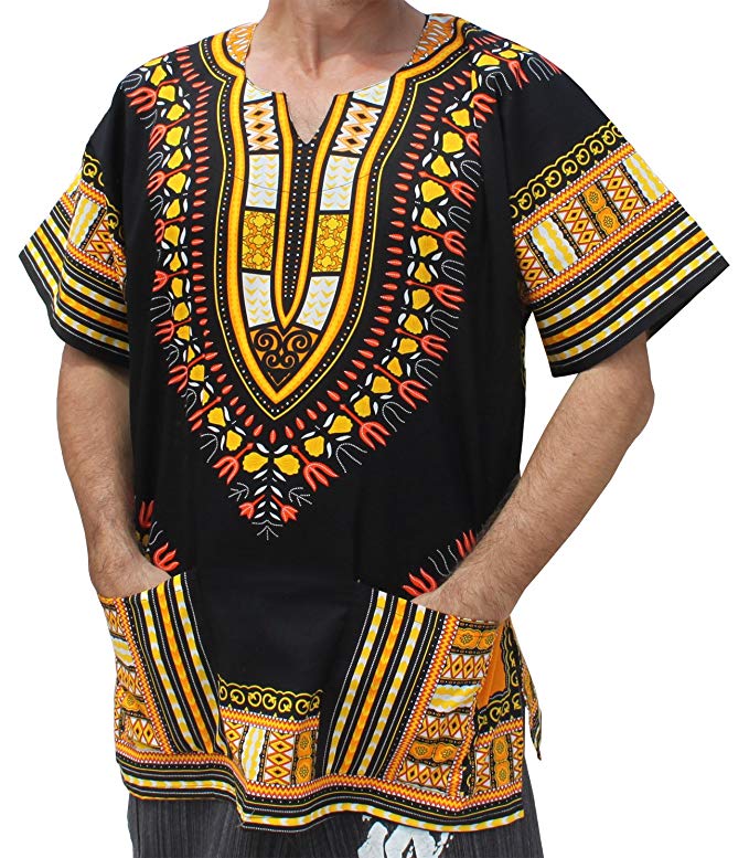 RaanPahMuang Brand Unisex Bright African Black Dashiki Cotton Shirt