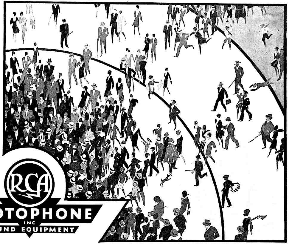 a 1929 advertisement a 1929 advertisement illustration for RCA Vistaphone sound equipment, a crowd being attracted