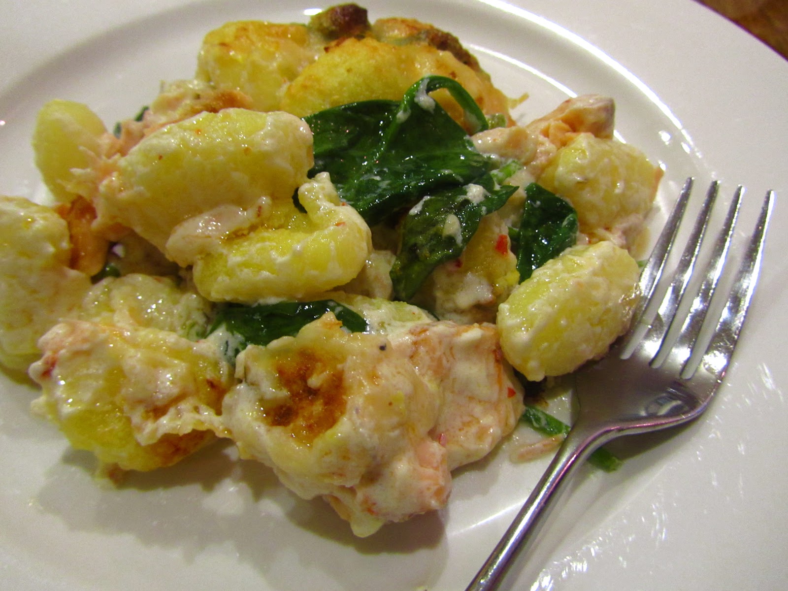 Gnocchi bake with hot smoked salmon and spinach