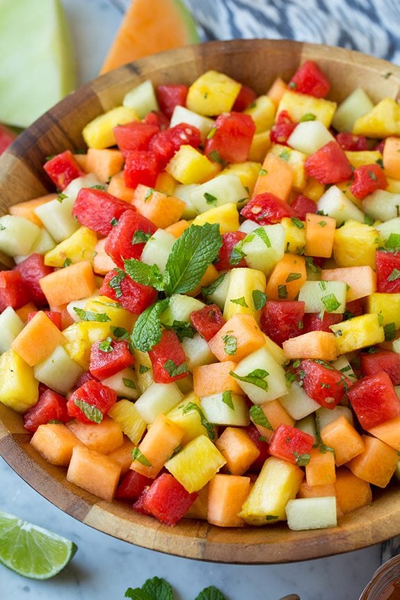 MELON & PINEAPPLE FRUIT SALAD WITH HONEY, LIME AND MINT DRESSING