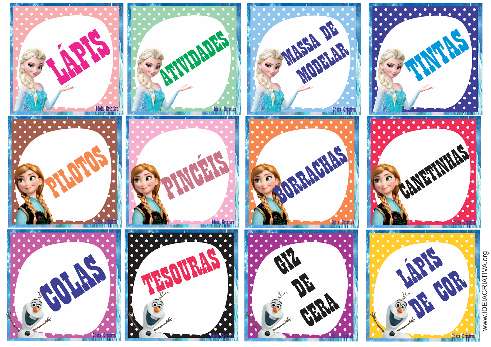 Etiquetas para organizar material escolar Frozen Olaf Anna e Elsa