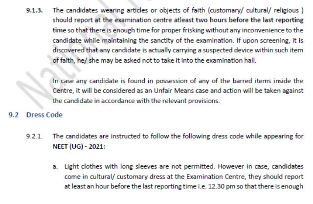 NEET Dress Code 2021 (Male and Female Candidates) by NTA