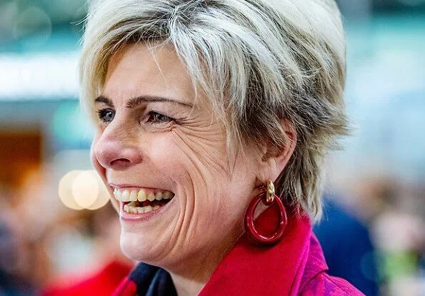 Princess Laurentien attended the Valentine's Day event at Utrecht Centraal railway station in Oudegracht. red print pantsuits