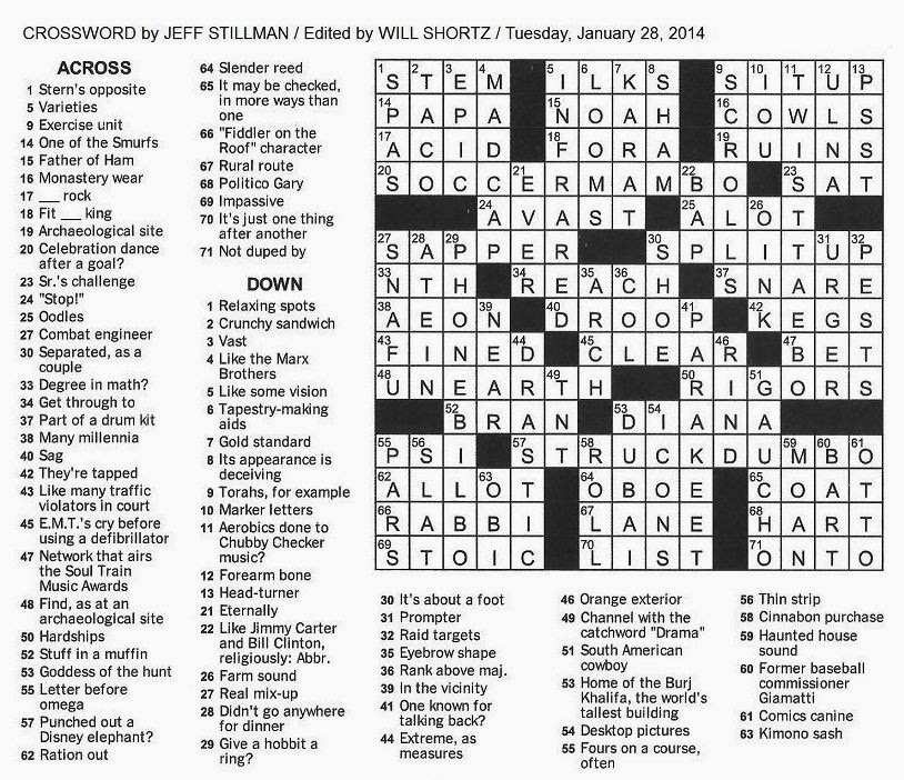 New+York+Times+Crossword+by+Jeff+Stillman+edited+by+Will+Shortz+Tuesday+January+28+2014