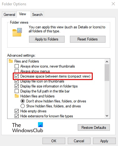 Cómo deshabilitar la vista compacta en Explorer en Windows 10