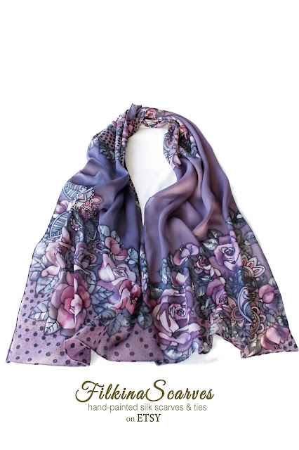 ORDER in my ETSY shop.Purple Roses Silk chiffon scarf | OOAK HAND-PAINTED | Wedding Gift Idea | Summer scarf ORDER in my ETSY shop #giftforher #womensfashion #silkscarf #fashionaccessory #batik #ooak #weddinggifts #filkinascarves