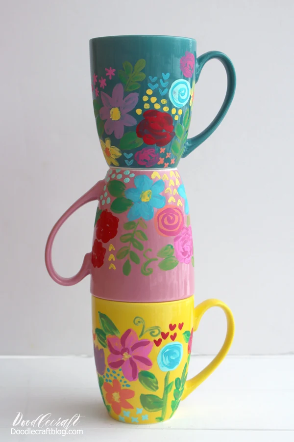 Hand Painted Floral Ceramic Mugs with Plaid Dishwasher Safe Mod Podge