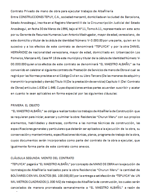 Formatos Legales: Contrato Privado de mano de obra para ejecutar trabajos  de Albañilería
