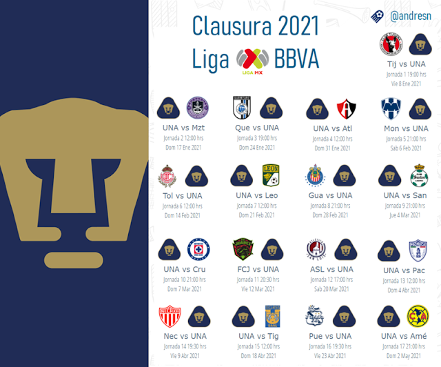 Descuidado Suradam nombre Calendario de Pumas del clausura 2021 en el futbol mexicano - Apuntes de  Futbol