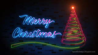 Beautiful Merry Christmas And Spiral Christmas Tree Neon Light With Dark Blue Brick Wall Background