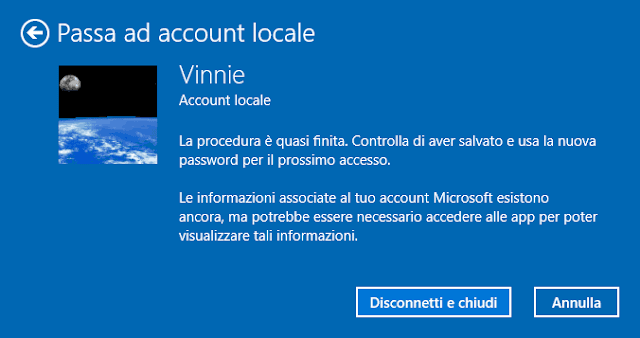 Passa ad account locale Windows 10 Disconnetti e chiudi
